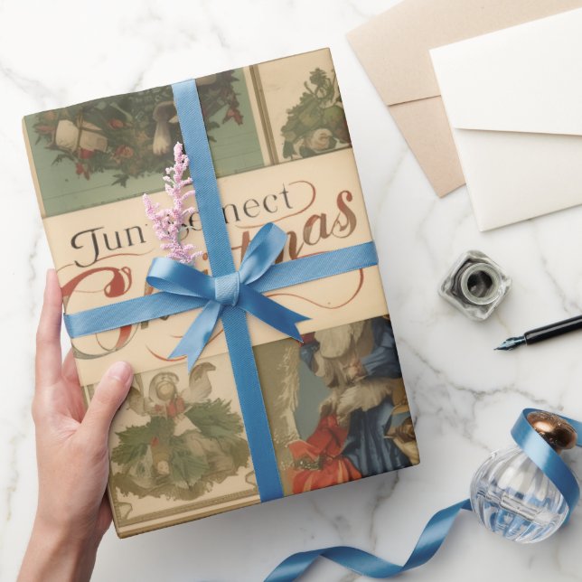 festive vintage merry christmas ephemera collage  wrapping paper (Gifting)