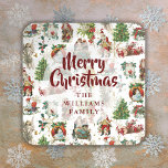 Festive Vintage Merry Christmas Family Name Square Sticker<br><div class="desc">The perfect way to celebrate your Christmas with these personalized vintage retro festive stickers. Designed by Thisisnotme©</div>