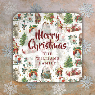 Festive Vintage Merry Christmas Family Name Square Sticker