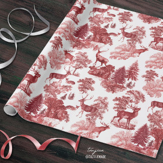 Festive Vintage Red Deer Woodland Toile Wrapping Paper