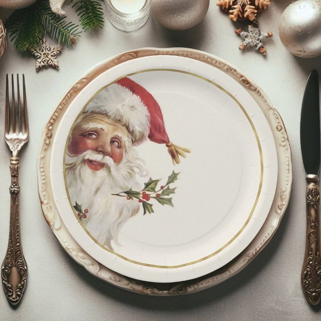 Festive Vintage Santa Claus Christmas Paper Plates (Christmas paper plates, Santa Claus Xmas paper plates)