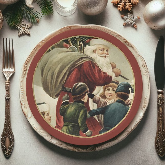 Festive Vintage Santa Claus Christmas Paper Plates (Christmas paper plates, Santa Claus Xmas paper plates)