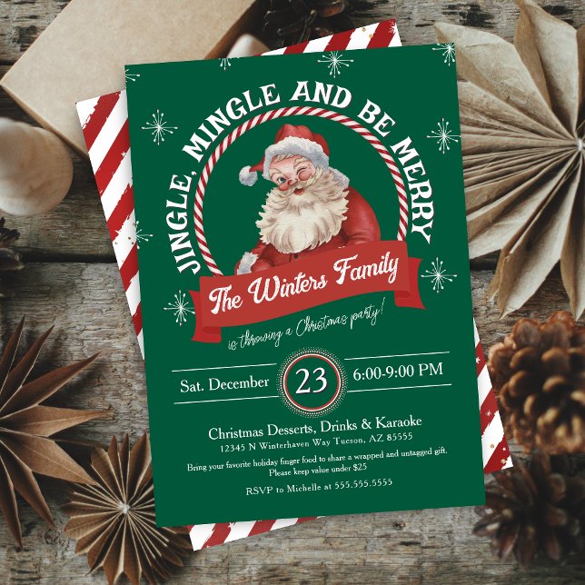 Festive Vintage Santa Jingle and Mingle Christmas Invitation (festive Christmas party invitation for cocktail dinner party with santa candy cane and green)