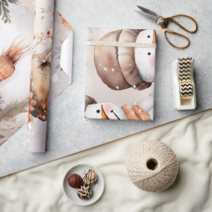 Festive Vintage Snowman & Christmas Florals Wrapping Paper