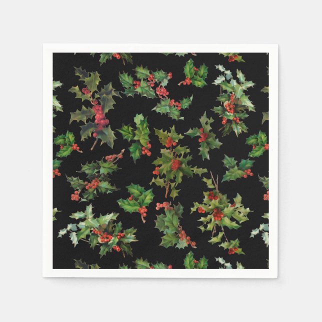 Festive Vintage Style Holly-Black Background Napkin (Front)