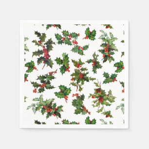 Festive Vintage Style Holly-White Background Napkin