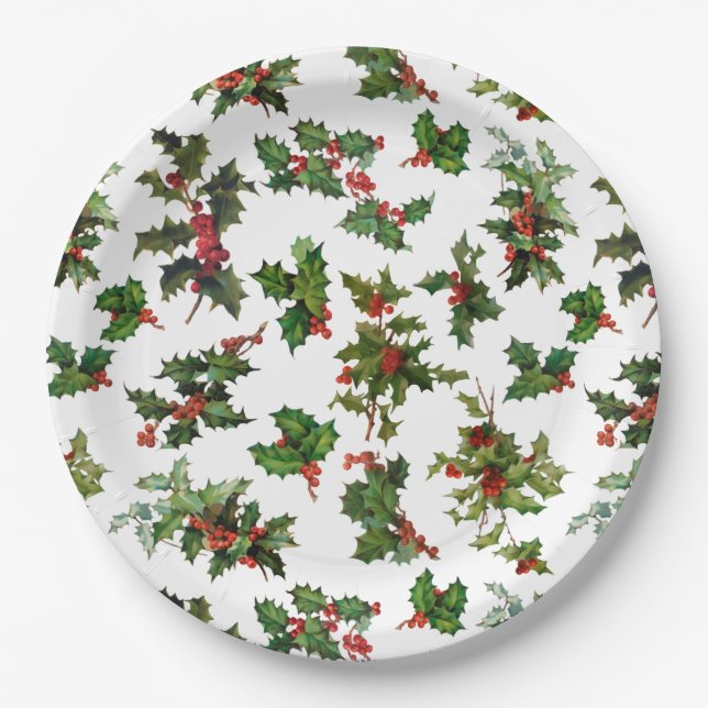 Festive Vintage Style Holly-White Background Paper Plate (Front)