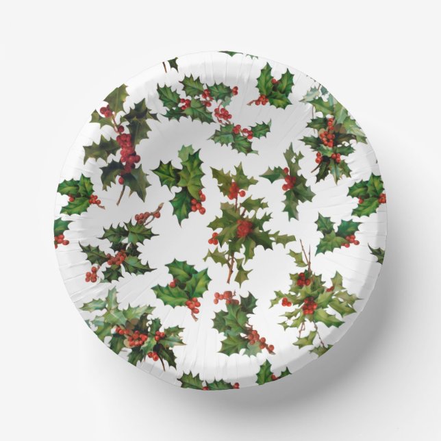 Festive Vintage Style Holly-White Background Paper Plate (Front)