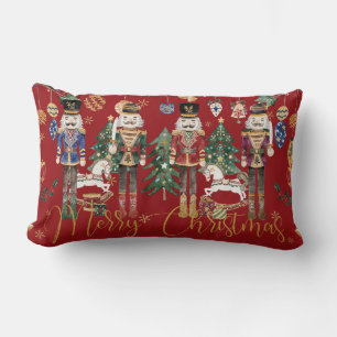 Festive Vintage The Nutcracker Merry Christmas Red Lumbar Pillow