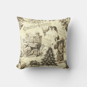Festive Vintage Victorian Christmas Santa Beige Throw Pillow