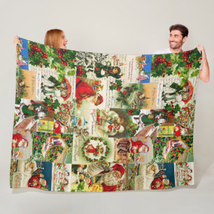 Festive Vintage Victorian Christmas Santa Collage  Fleece Blanket