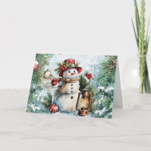 Festive Vintage Watercolor Christmas Snowman Blank Holiday Card