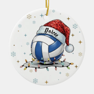 Festive Volleyball Holiday Design with Snowflakes Ceramic Ornament