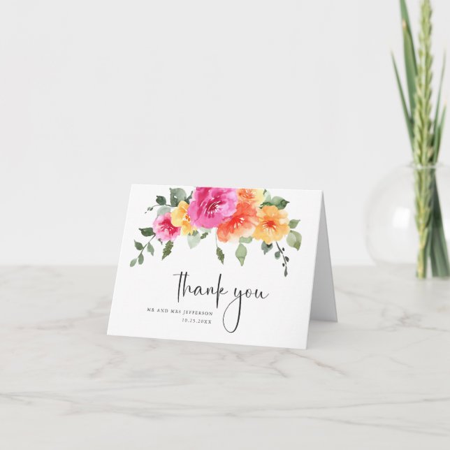 Festive Watercolor Bright Pink Flower Wedding Thank You Card (Front)