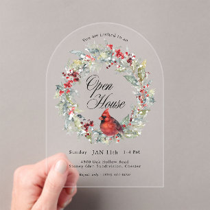 Festive Watercolor Cardinal Wreath Arch Open House Acrylic Invitations