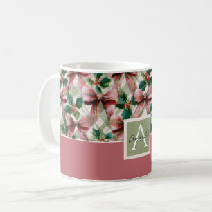 Festive Watercolor Christmas Bow and Holly Pattern Coffee Mug