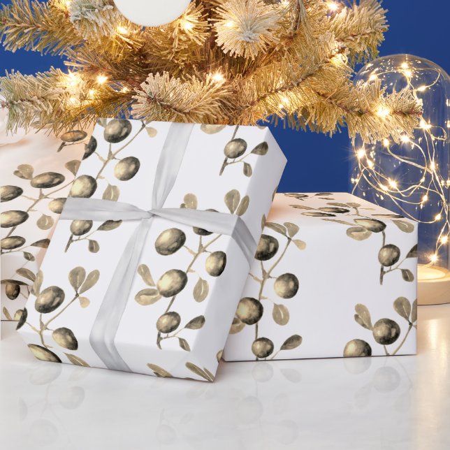 Festive Watercolor Christmas Gold Beige Berries Wrapping Paper (Holidays)