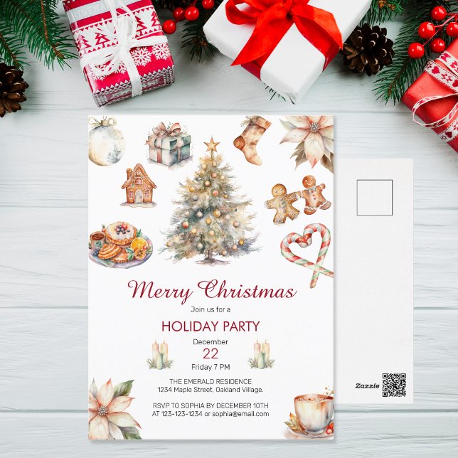 Festive Watercolor Christmas Party  Invitation Postcard (Creator Uploaded)