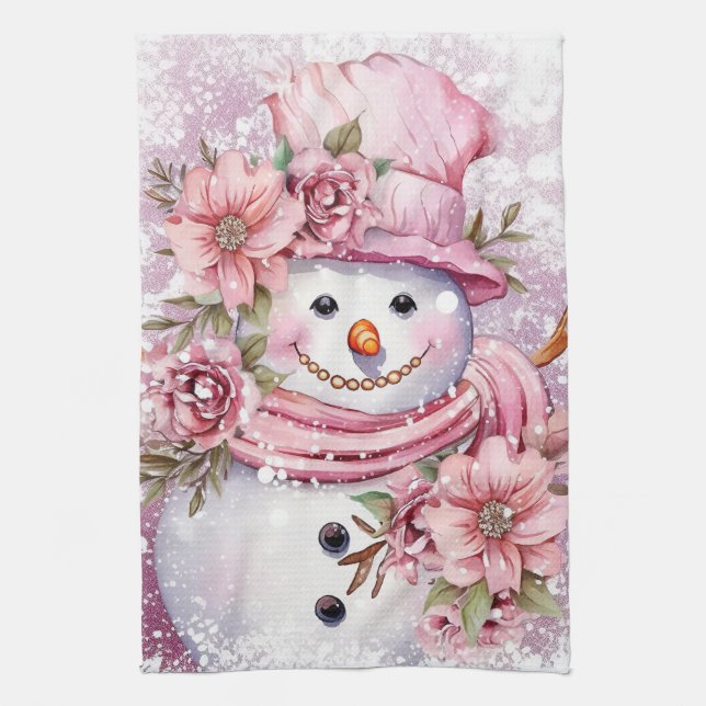 Festive watercolor Christmas pink snowman  Kitchen Towel (Vertical)