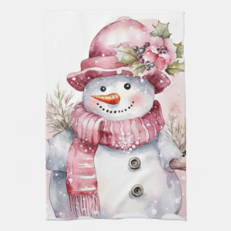 Festive watercolor Christmas pink snowman Kitchen Towel