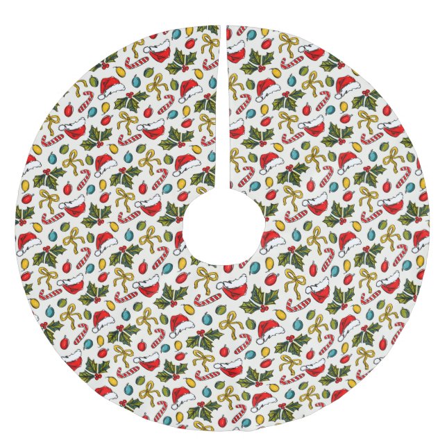 Festive Watercolor Christmas Sketches Brushed Polyester Tree Skirt (Front)