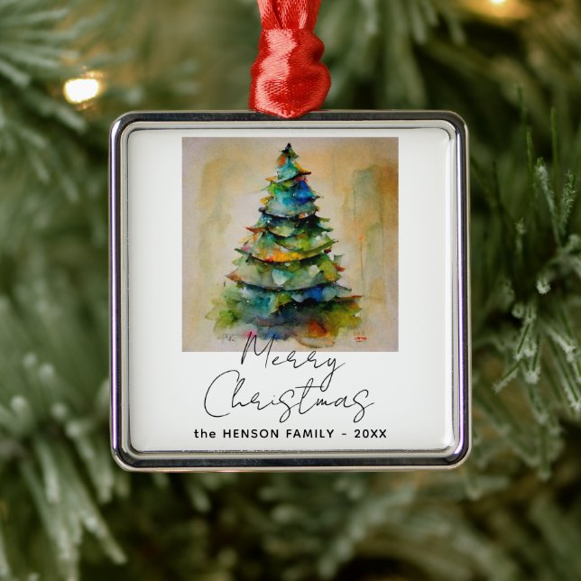 Festive Watercolor Christmas Tree Artistic Drawing Metal Ornament (Tree)