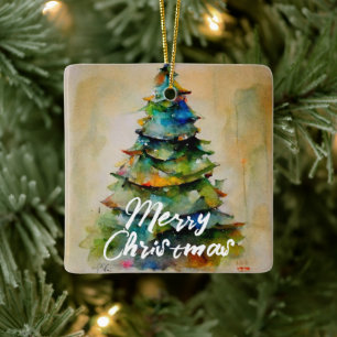 Festive Watercolor Christmas Tree Artistic Photo Ceramic Ornament