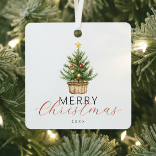 Festive Watercolor Christmas Tree In Basket Photo Metal Ornament