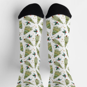 Festive Watercolor Christmas Trees Holly Pattern Socks