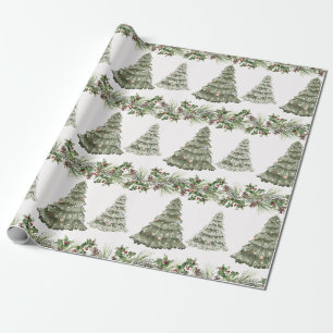 Festive Watercolor Christmas Trees in Winter Wrapping Paper