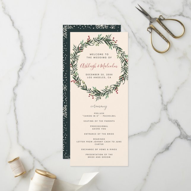 Festive Watercolor Christmas Wreath Wedding Program (Front/Back In Situ)