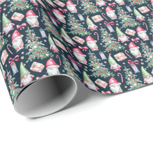 Festive Watercolor Gnome Christmas Tree Wrapping Paper