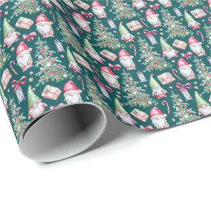 Festive Watercolor Gnome Christmas Tree Wrapping Paper