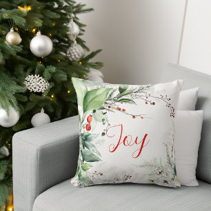 Festive Watercolor Greenery Christmas Joy Throw Pillow