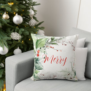 Festive Watercolor Greenery Christmas Merry Throw Pillow