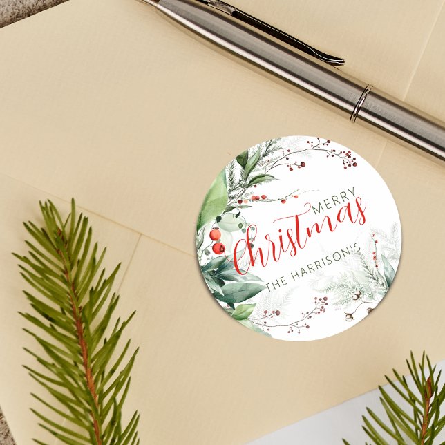Festive Watercolor Greenery Merry Christmas Classic Round Sticker (Festive Watercolor Greenery Merry Christmas Classic Round Sticker)