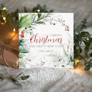Festive Watercolor Greenery Merry Christmas Holiday Card