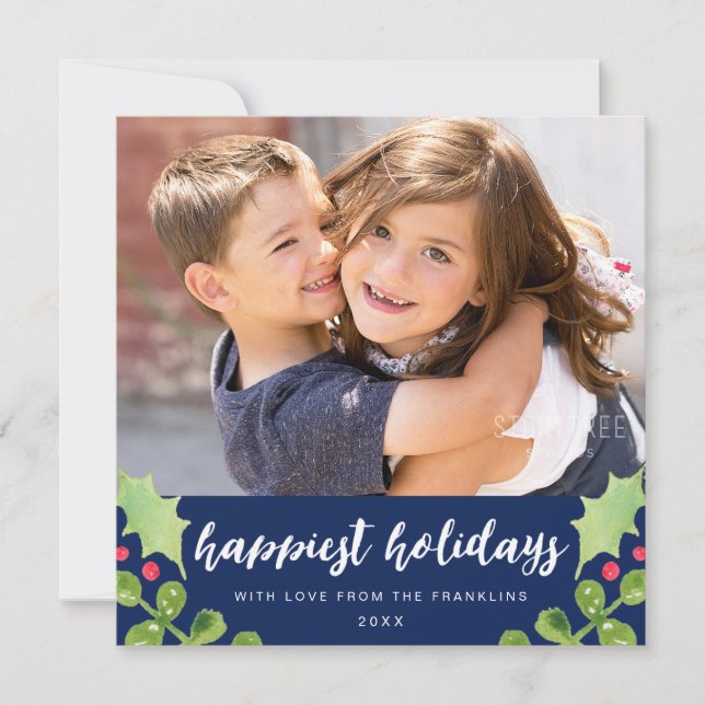 Festive Watercolor Greenery Navy Blue Photo Holiday Card (Front)