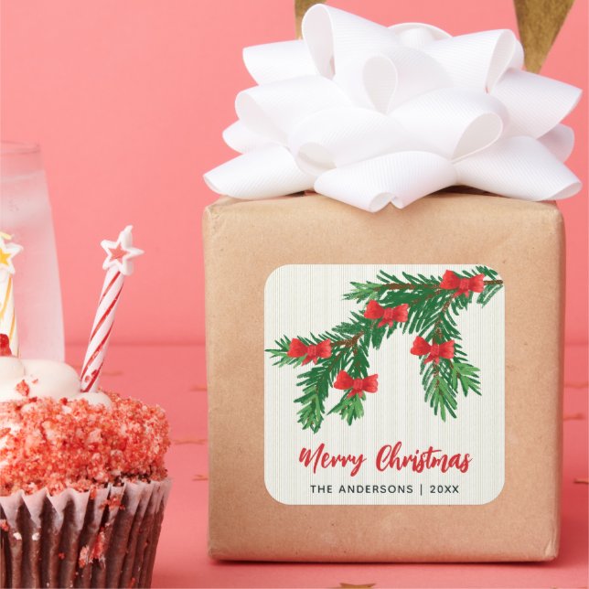 Festive Watercolor Greenery Red Bow Christmas Square Sticker (Party)