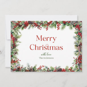 Festive watercolor greenery with red holly berries holiday card