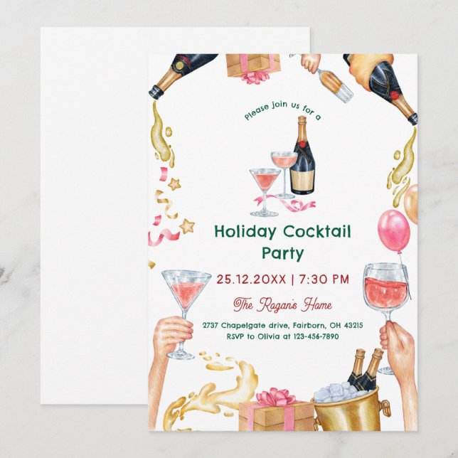 Festive Watercolor Holiday Cocktail Party Invitation (Front/Back)