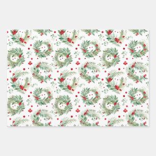 Festive Watercolor Holly and Berries Christmas  Wrapping Paper Sheet