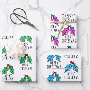 Festive Watercolor Holly Berries Christmas  Wrapping Paper Sheet