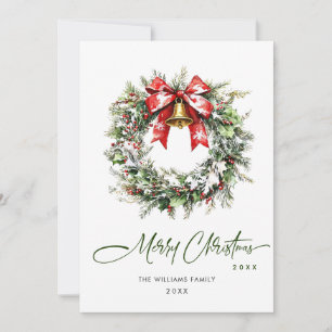 Festive Watercolor Holly Berry Pine Wreath Holiday Card