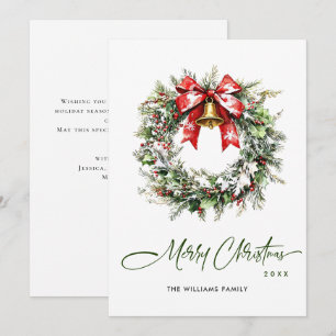 Festive Watercolor Holly Berry Pine Wreath Holiday Card