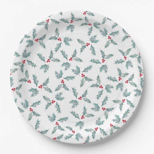 Festive Watercolor Holly Paper Plate (Front)