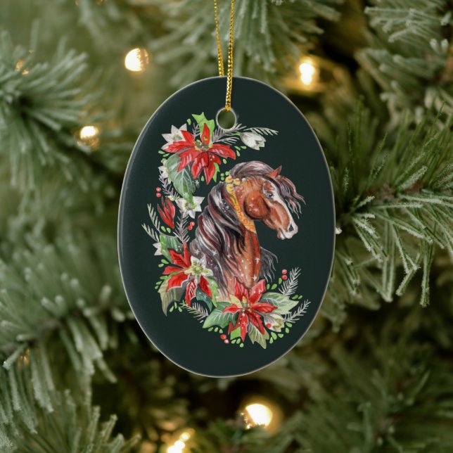 Festive Watercolor Horse Equestrian Christmas  Ceramic Ornament (Tree)