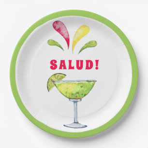 Festive Watercolor Margarita   Salud Paper Plate