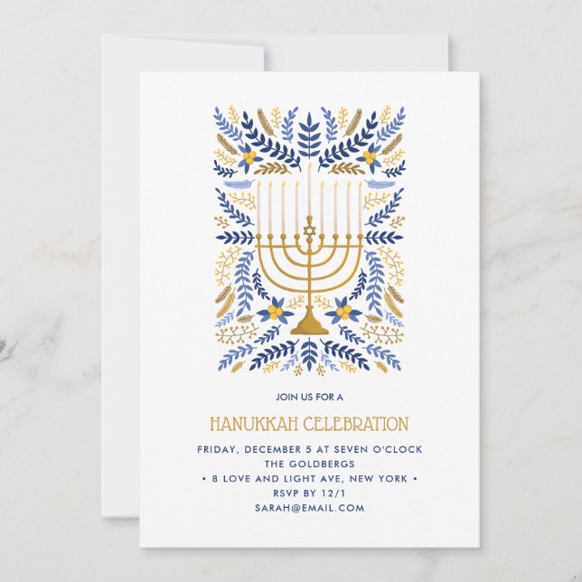 Festive Watercolor Menorah Floral Hanukkah PARTY Invitation (Front)