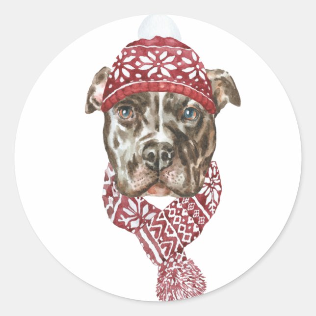 Festive Watercolor Pitbull Christmas Classic Round Sticker (Front)